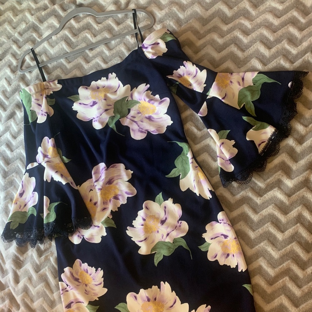 Navy blue and floral off shoulder midi dress